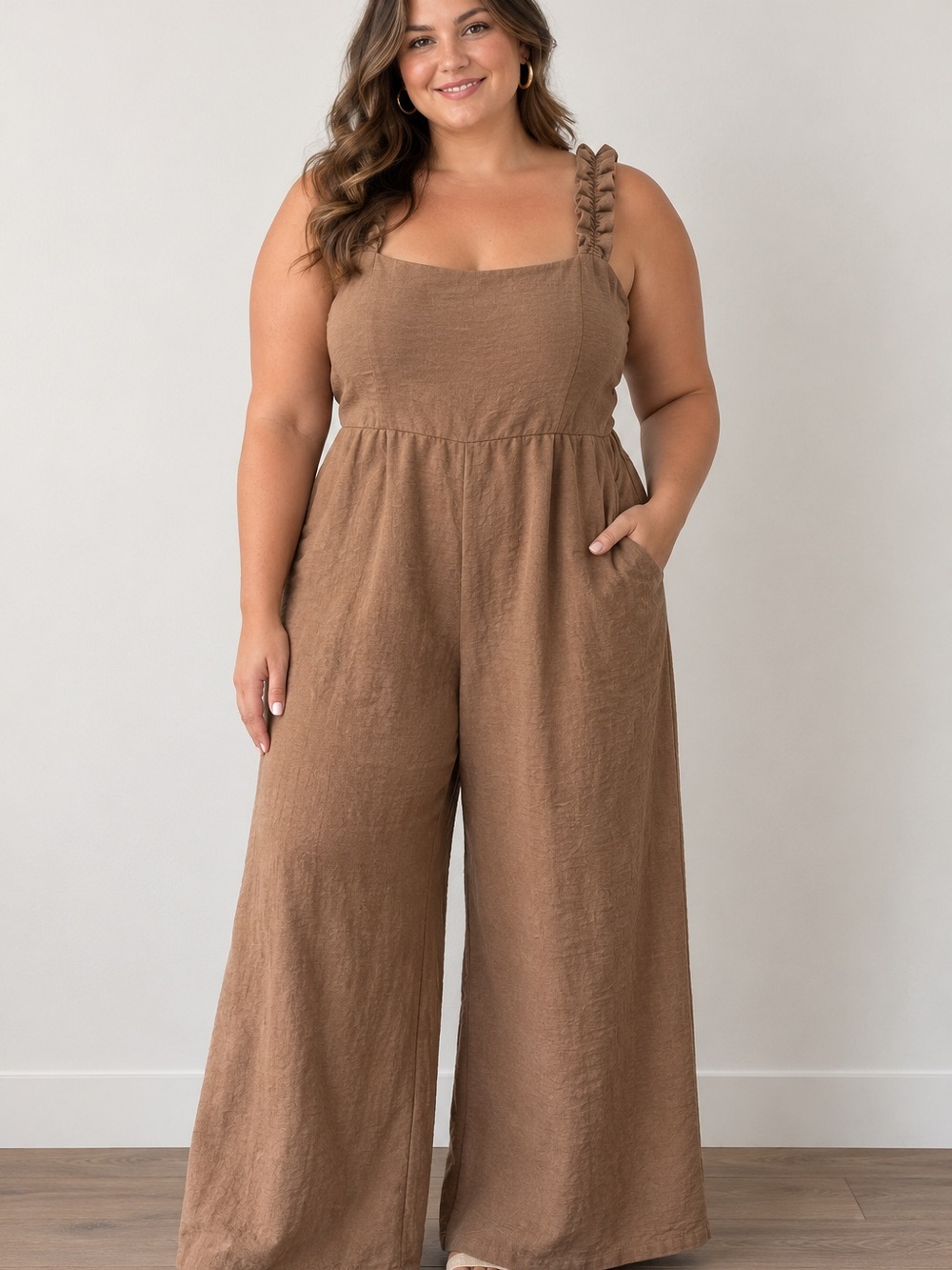 Pink Rose Brown Wide Leg Smocked Strap Boho Cottagecore Jumpsuit Women’s Large